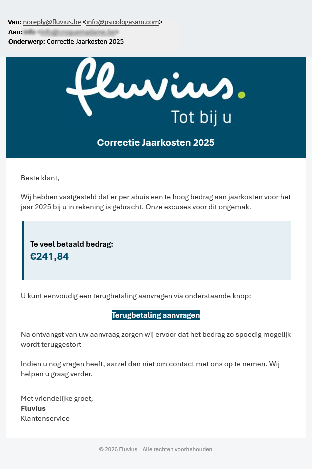 Authentic Fluvius phishing email promising a €241.84 annual charges refund with an unrelated sender address