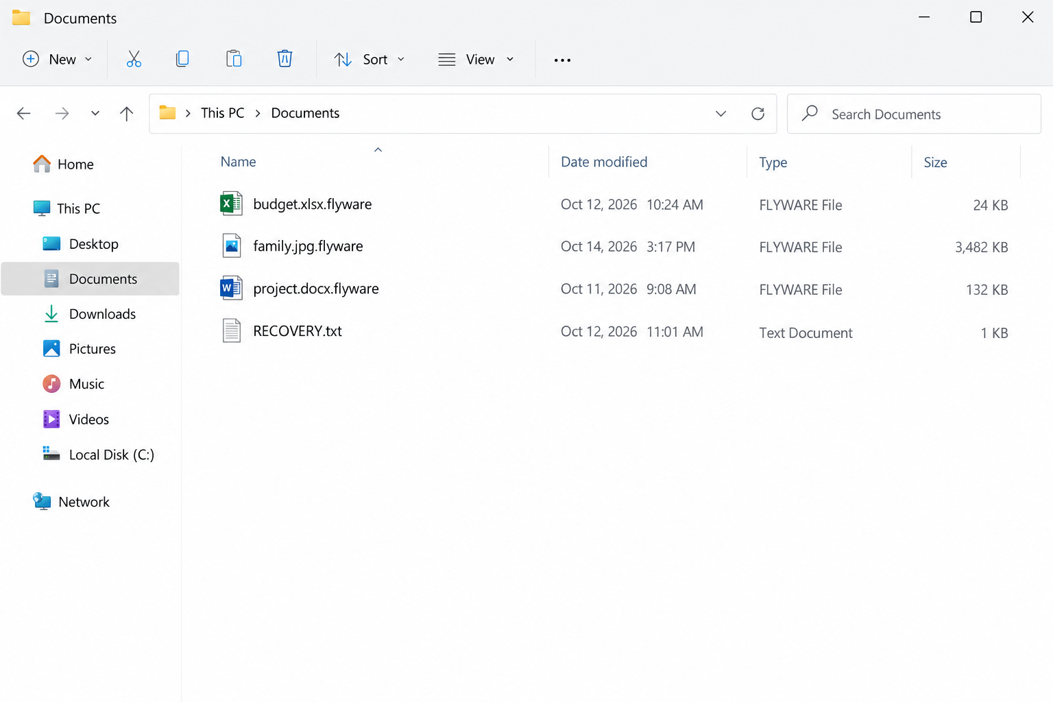 Flyware Ransomware Removal Guide: .flyware Files and Discord Ransom Note 2 Illustrative folder containing .flyware files and the RECOVERY.txt note