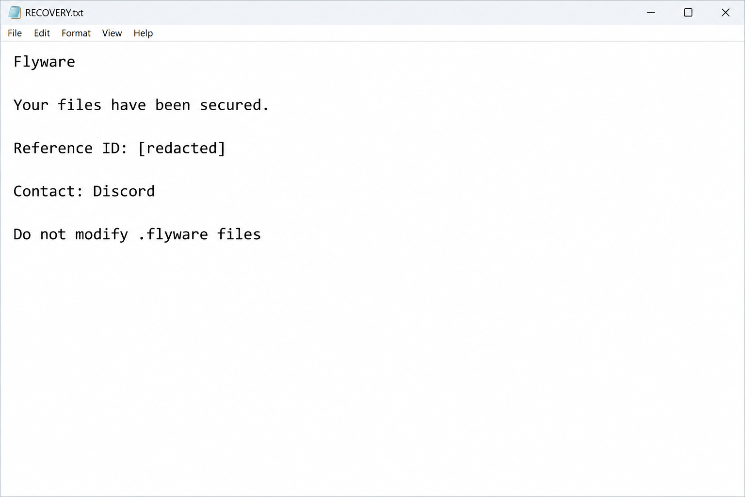 Flyware Ransomware Removal Guide: .flyware Files and Discord Ransom Note 1 Illustrative Flyware RECOVERY.txt note with its reference identifier redacted