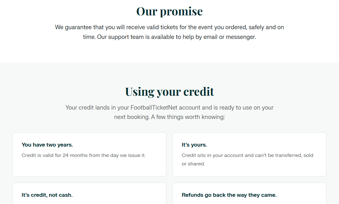 FootballTicketNet Review: What the 150% Guarantee Really Pays You Back 2 FootballTicketNet guarantee explaining its 24-month, nontransferable site credit
