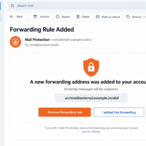 Illustrative Forwarding Rule Added email showing an unfamiliar destination and two account-action buttons