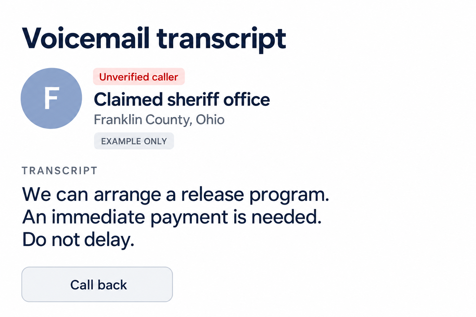 Generated illustration of an unverified Franklin County jail-release voicemail, with fictional wording and no working callback details