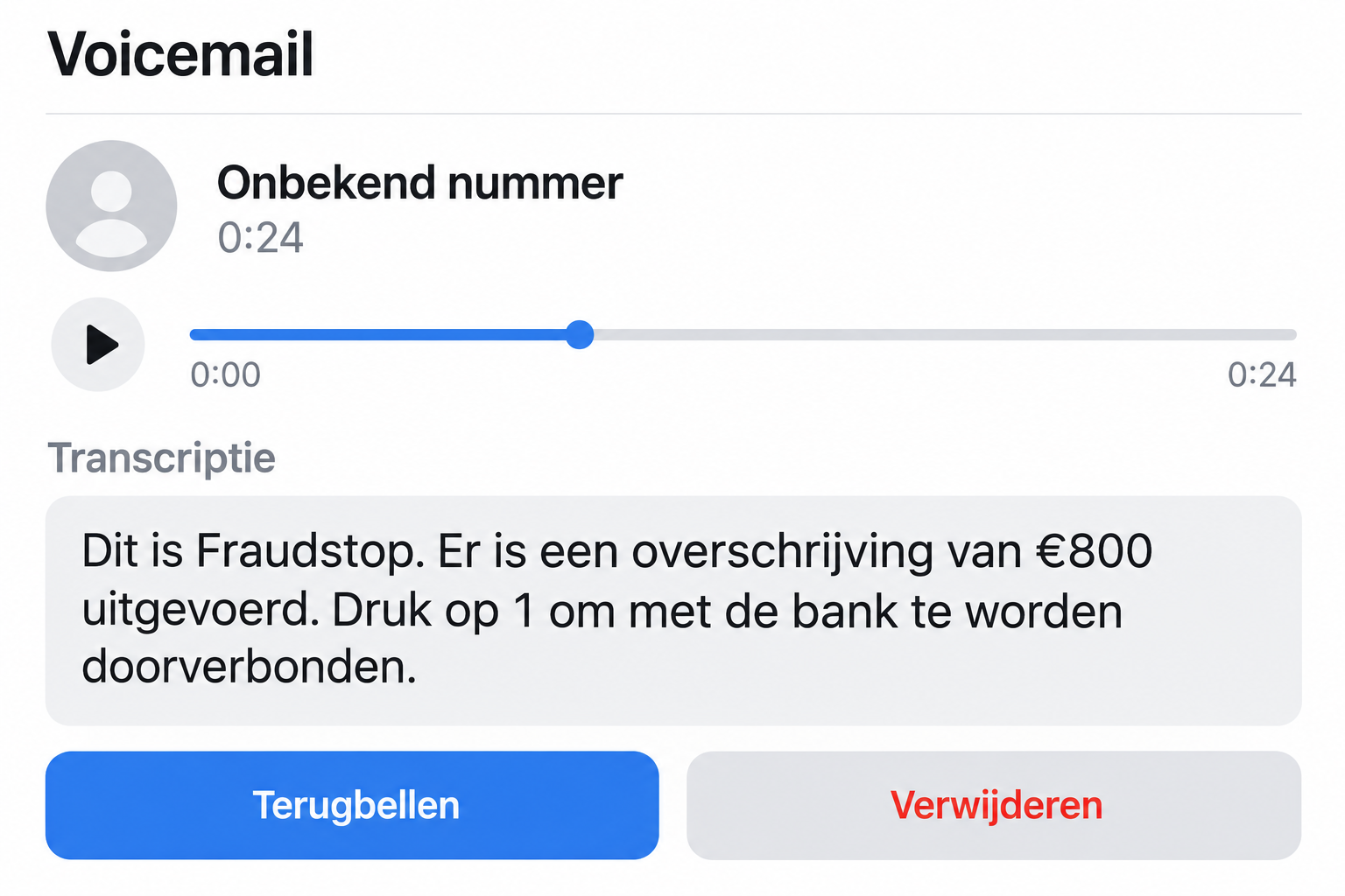 Fraudstop Call Scam: A Fake €800 Transfer Alert Puts Bank Codes at Risk 1 Illustrated voicemail transcript of a fake Fraudstop €800 transfer alert asking the recipient to press 1