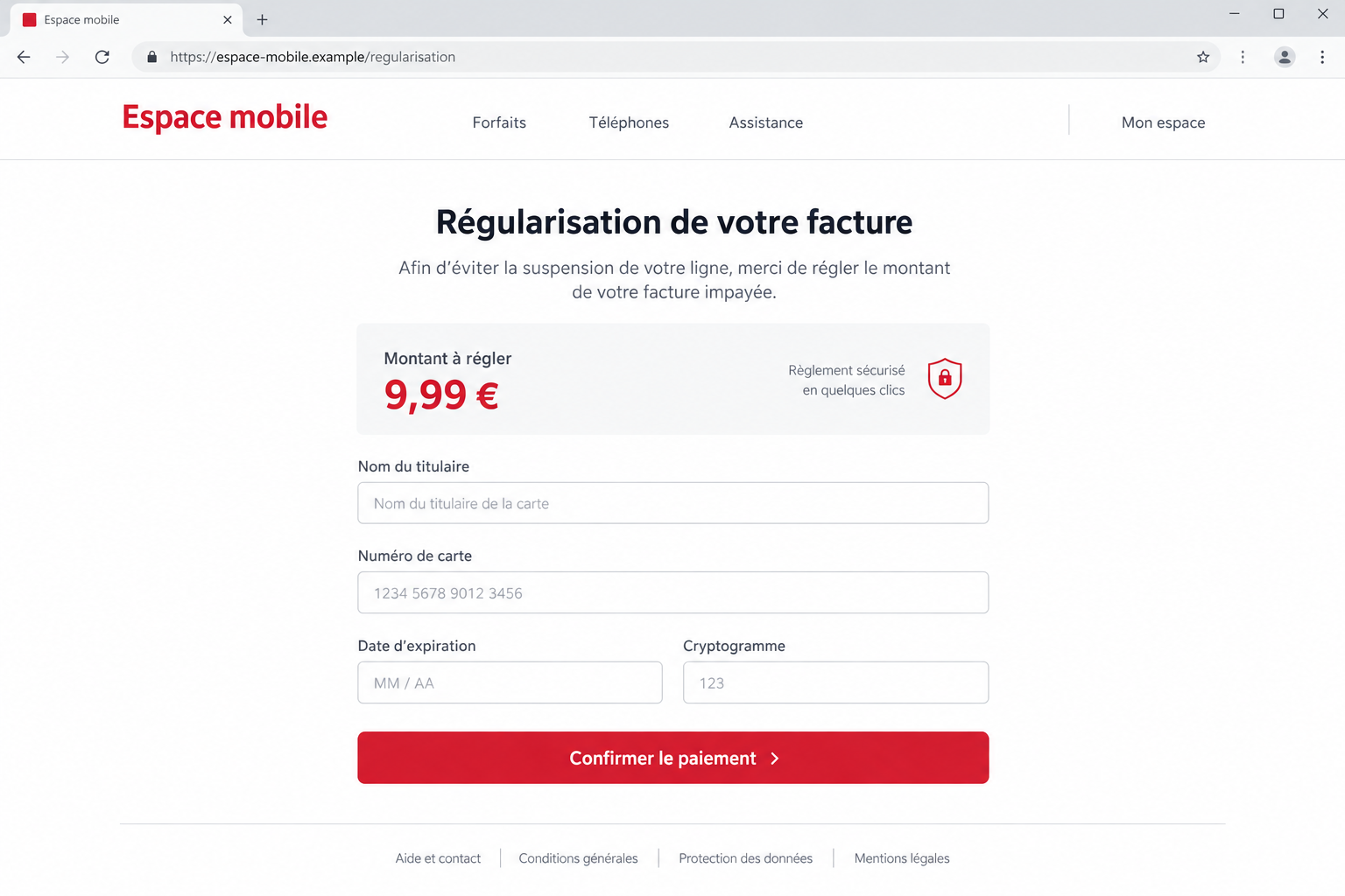 Free Mobile Unpaid Bill Scam: The €9.99 Email That Leads to a Fake Checkout 2 Fictional French telecom payment page requesting card details for a €9.99 balance