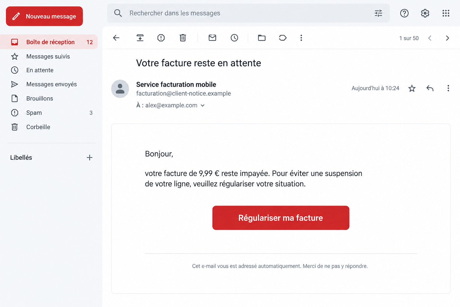 Free Mobile Unpaid Bill Scam: The €9.99 Email That Leads to a Fake Checkout 1 Fictional telecom billing email warning about an unpaid €9.99 invoice