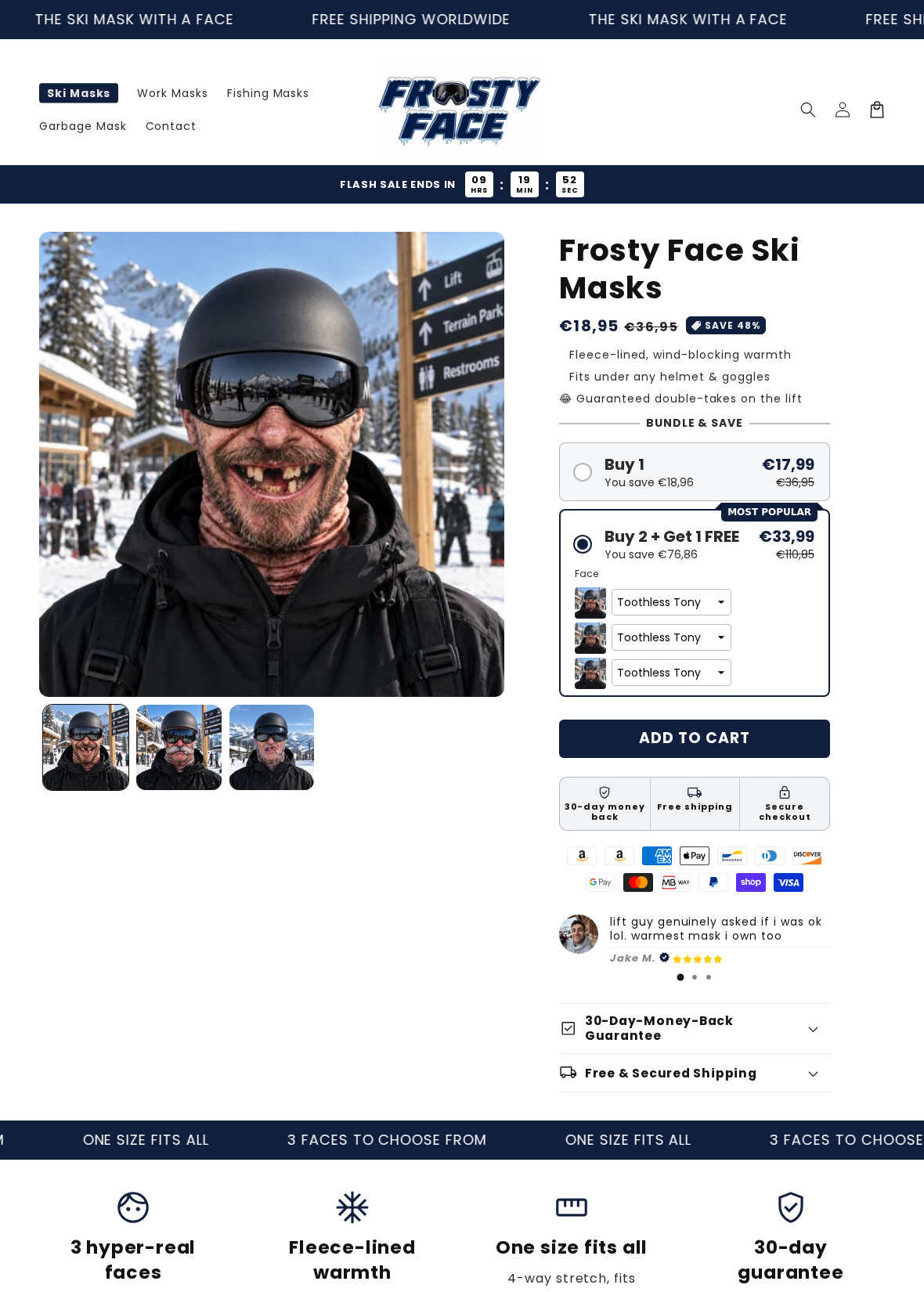Frosty Face Ski Masks Review: Wearable Trial and Sale Return Risks Checked 1 Frosty Face ski-mask offer displaying face designs, discounted prices and bundle options