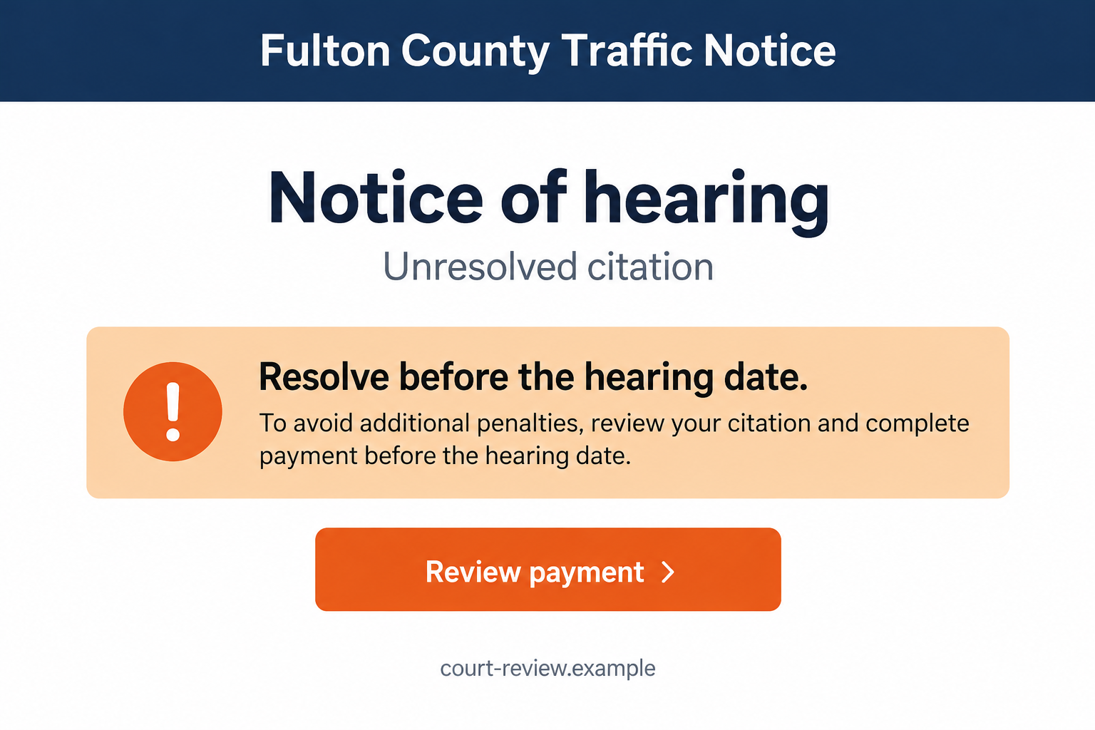 Fulton County Court Text Scam: Fake Hearing Notices and QR Payment Traps 1 Invented Fulton County-style hearing payment page with a fictional example-domain address and no QR code