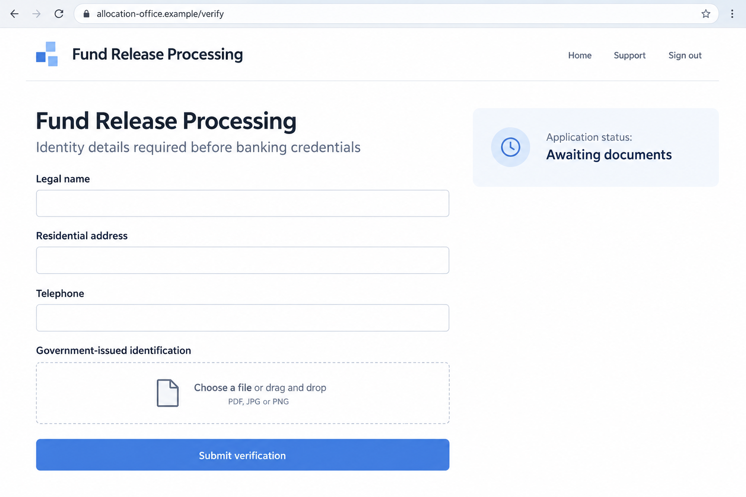 Fund Release Email Scam Exposed: Fake $4.7 Million Federal Reserve Notice 2 Hypothetical processing-office verification page requesting personal details and an ID upload on a fictional hostname