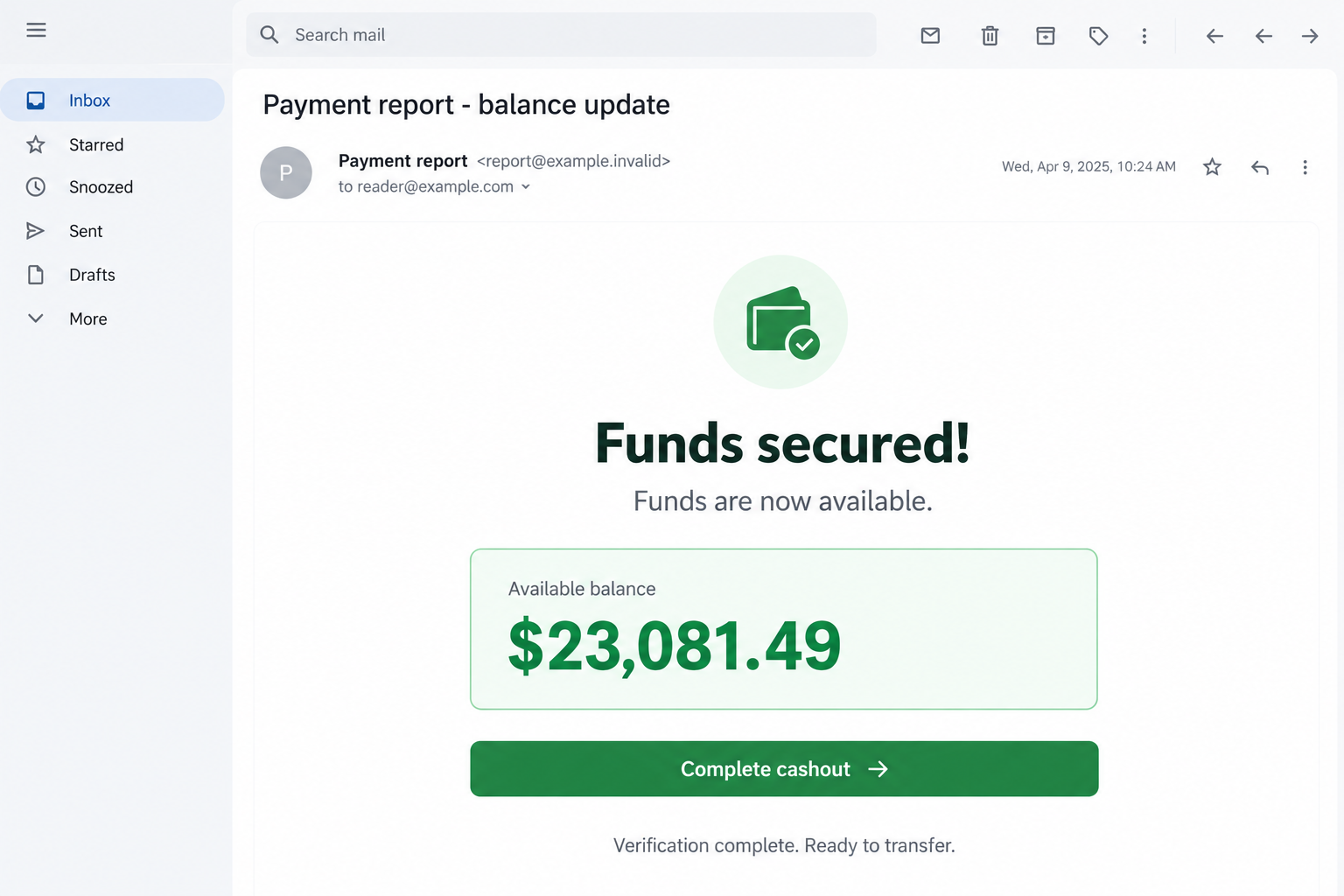 Funds Secured Email Scam: Fake $23,081.49 Cashout and Google Script Trap 1 Illustrative Funds Secured payment email displaying $23,081.49 and a Complete cashout button