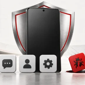 Illustration of a Galaxy-style phone with app permissions, Safe Mode, and security checks