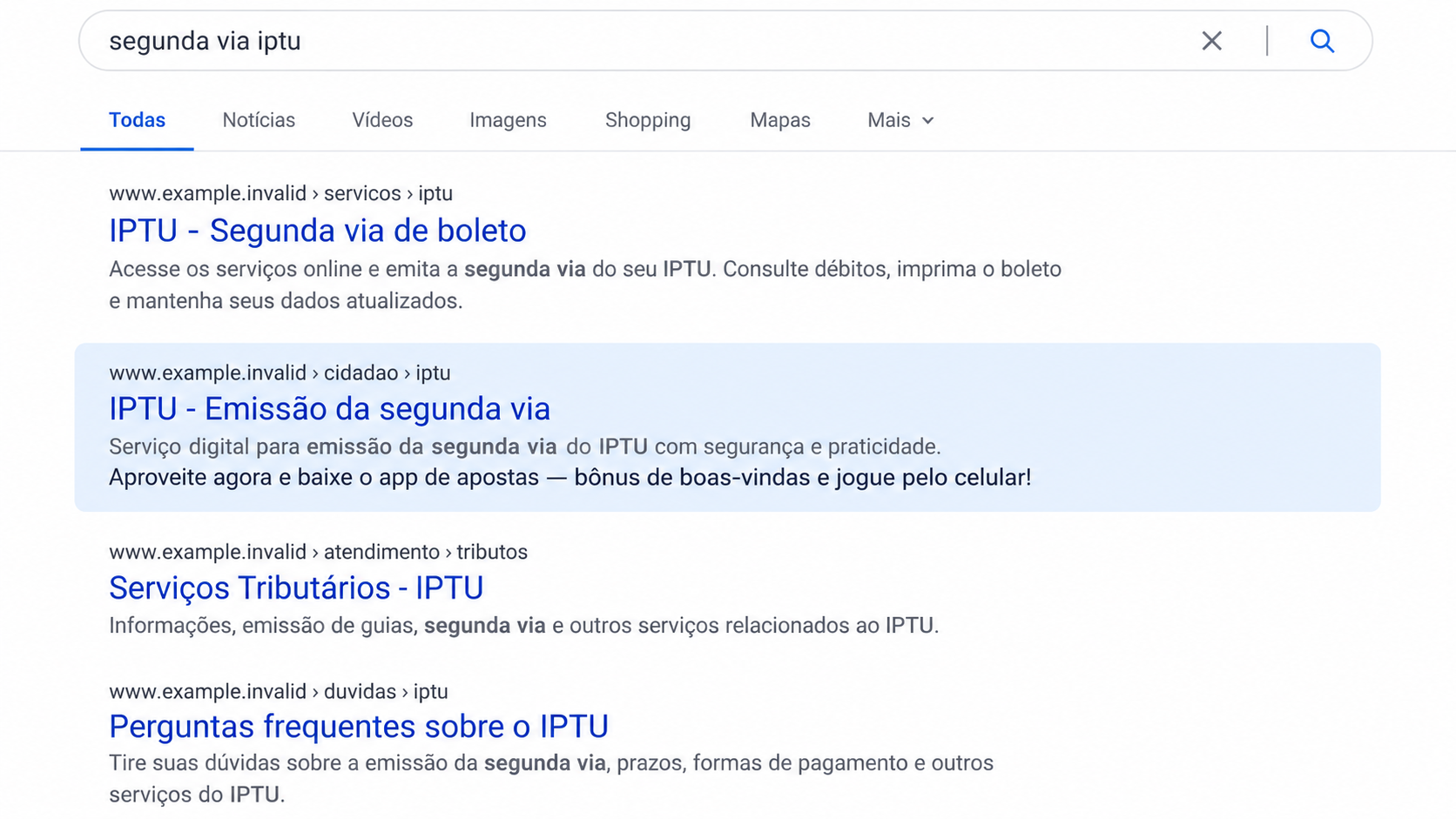 Illustrative Portuguese search-result reconstruction using only nonfunctional example.invalid addresses, not a screenshot of a real government site