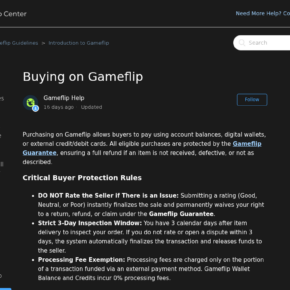 Gameflip Help Center buyer protection rules showing the three-day inspection window and rating warning