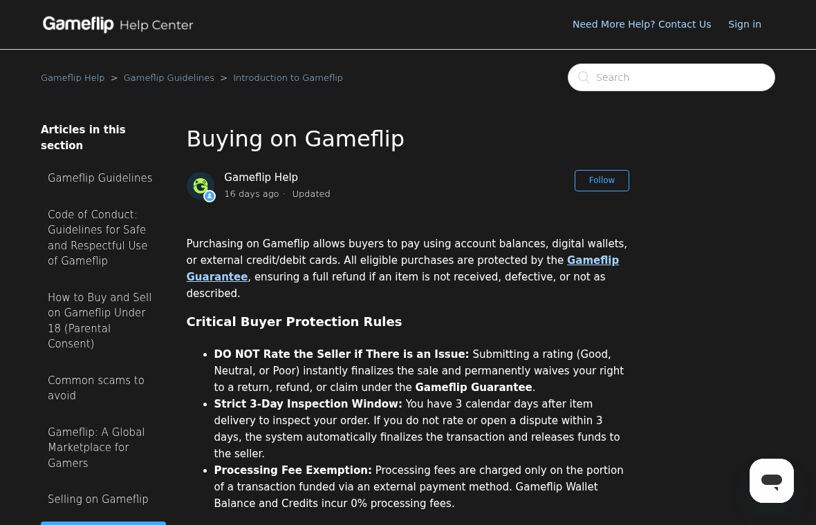 Gameflip Review: The 3-Day Dispute Window and Seller Fraud Risks Explained 1 Gameflip Help Center buyer protection rules showing the three-day inspection window and rating warning