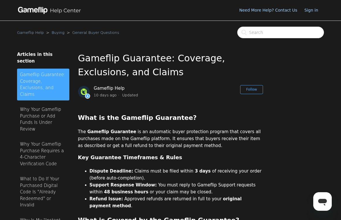 Gameflip Review: The 3-Day Dispute Window and Seller Fraud Risks Explained 2 Gameflip Guarantee help page describing the three-day dispute deadline and original-payment refund