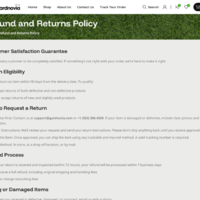 Gardnovia refund policy advertising ninety-day returns for new and slightly used products