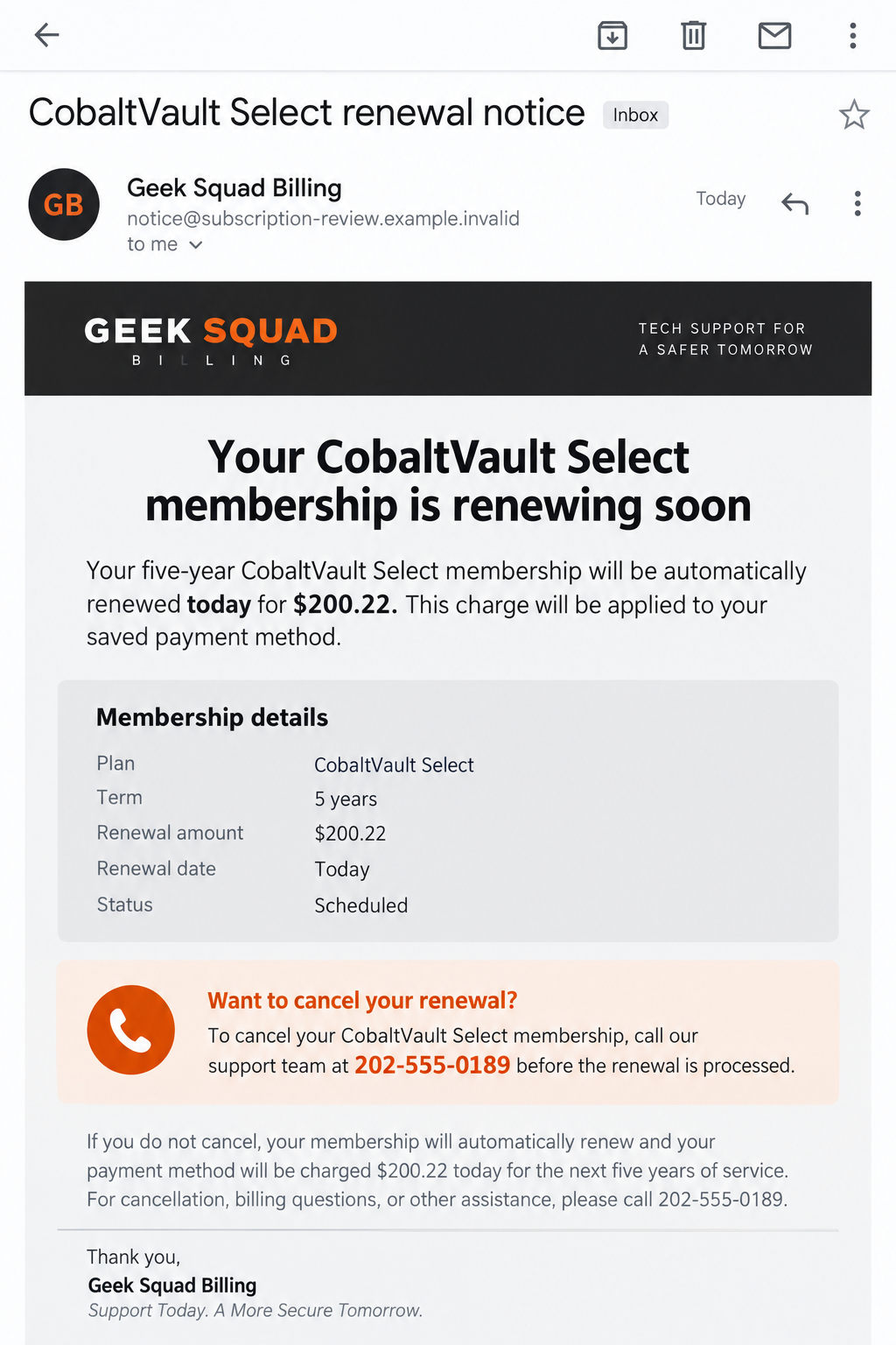 Geek Squad CobaltVault Email Scam: What the $200.22 Renewal Notice Hides 1 Illustrative reconstruction of a Geek Squad CobaltVault Select renewal scam email