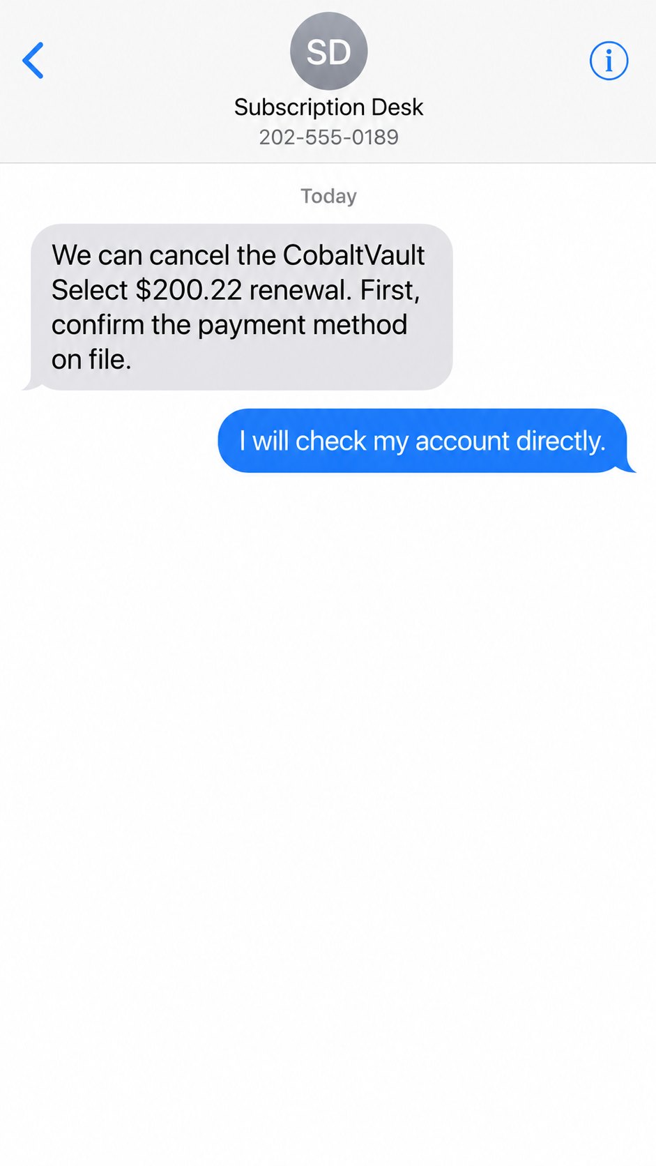 Geek Squad CobaltVault Email Scam: What the $200.22 Renewal Notice Hides 2 Illustrative possible follow-up text requesting payment details for CobaltVault cancellation