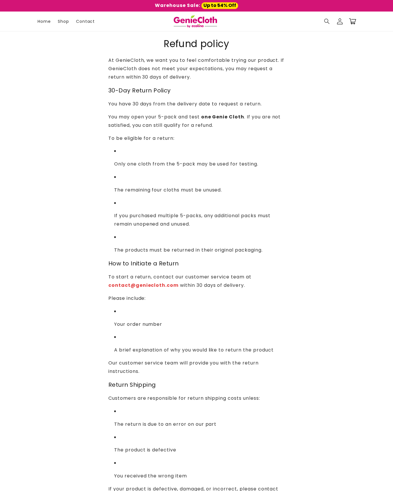GenieCloth return policy allowing one tested cloth while requiring four unused cloths and original packaging