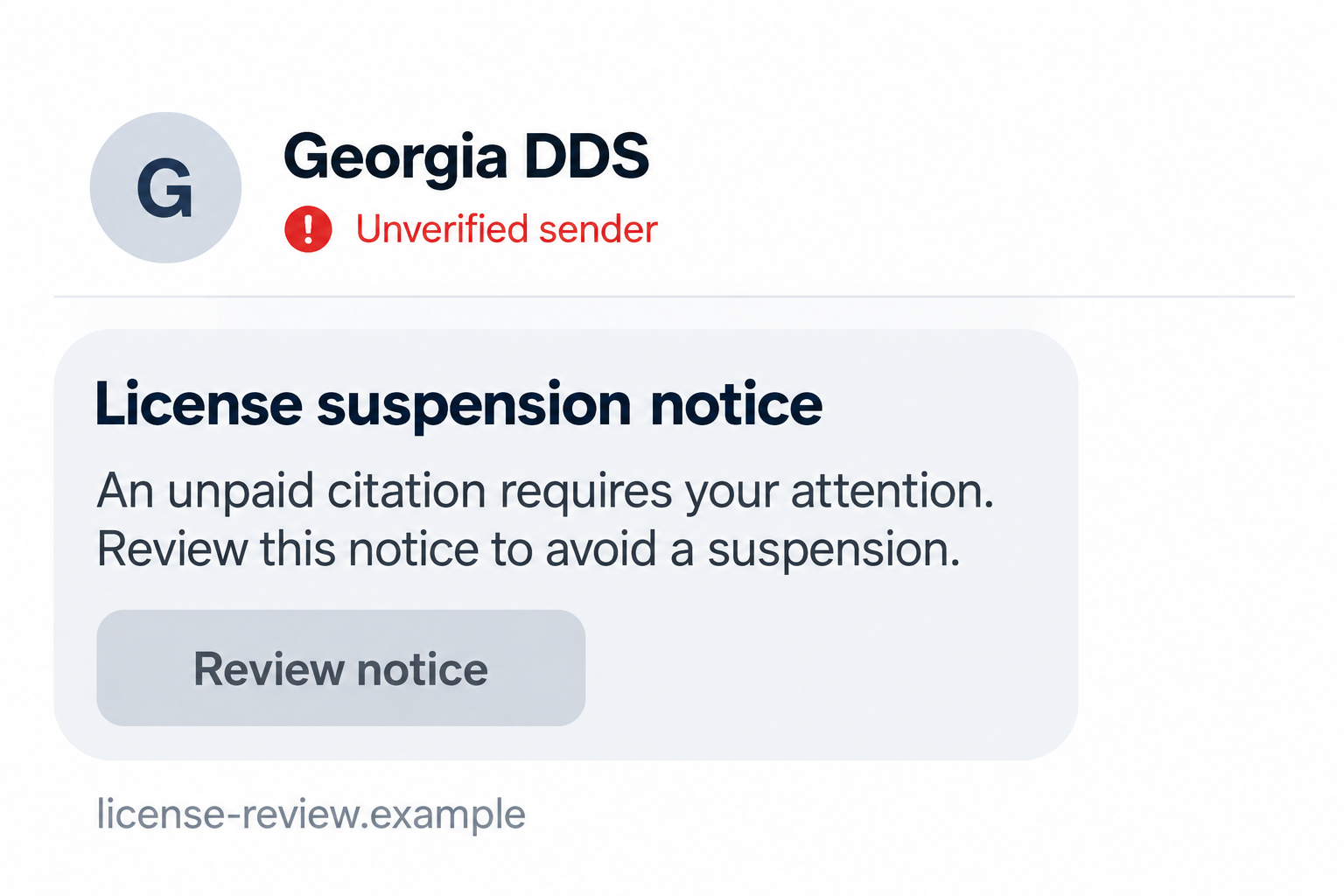 Generated illustration of an unverified Georgia DDS suspension text using a fictional inactive website and no real citation details