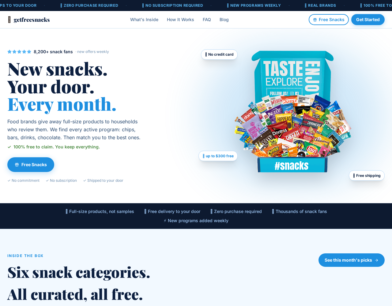 GetFreeSnacks: Scam or Legit? Free Monthly Boxes or Newsletter Offers? 1 GetFreeSnacks homepage advertising free full-size snacks every month, no purchase and no credit card