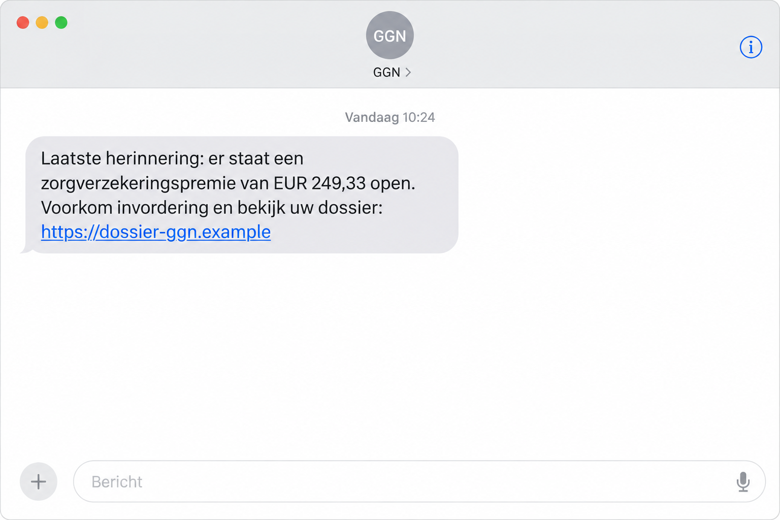 GGN Debt Text Scam: Fake Health Insurance Bills Hide a Costly Phishing Link 1 Illustrative GGN debt text demanding EUR 249.33 through a fictional nonfunctional dossier address