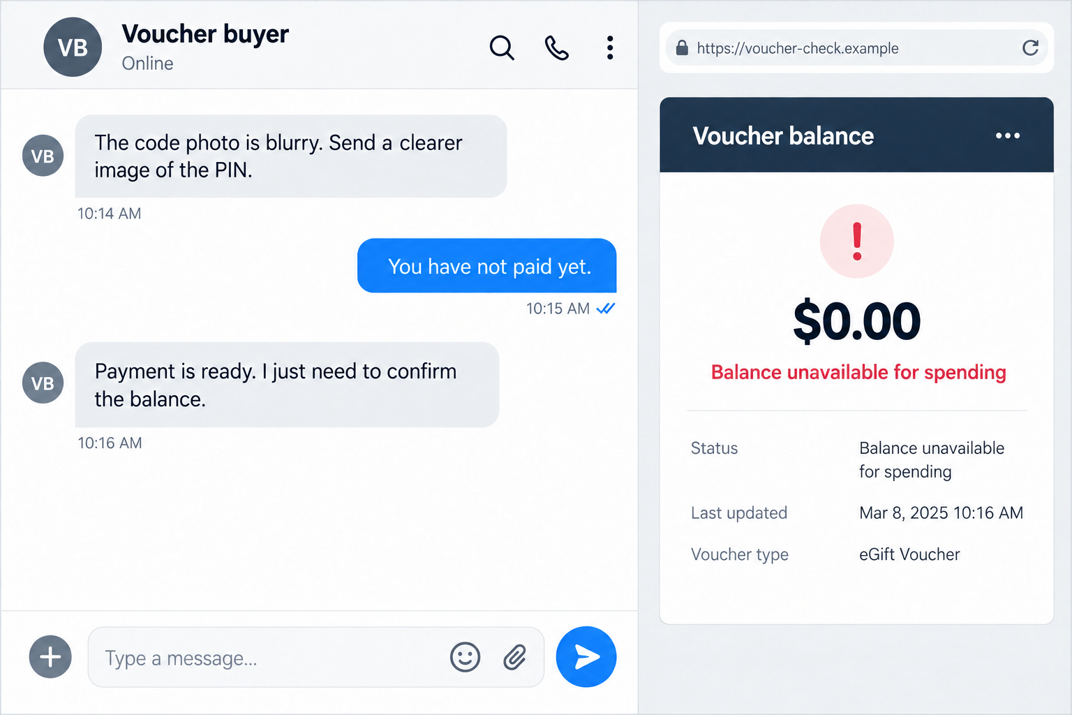 Illustrative reconstruction of repeated PIN requests and a gift voucher balance reduced to zero