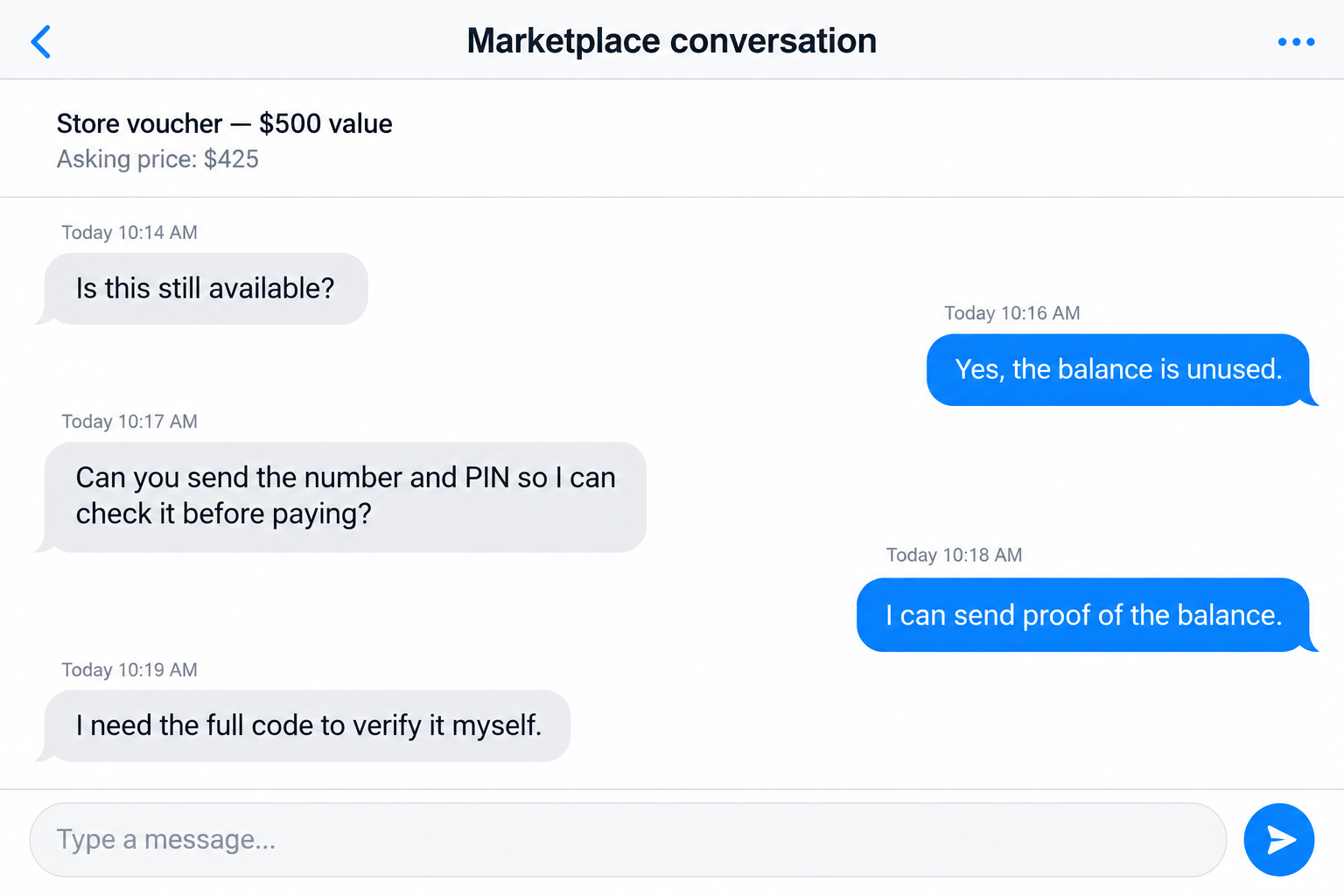 Fictional marketplace chat reconstruction showing a buyer requesting a gift card number and PIN before payment