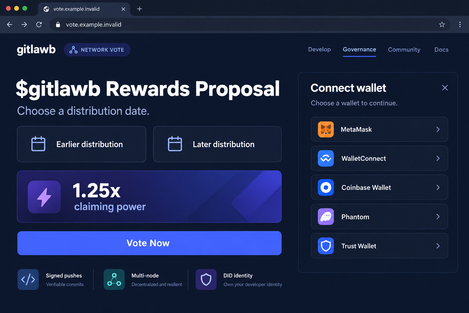Illustrative gitlawb rewards proposal advertising 1.25x claiming power beside a wallet selection panel