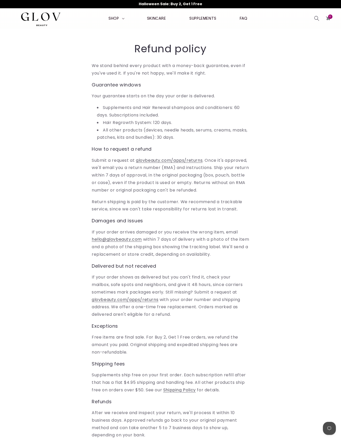 Glov Berberine Complex Investigated: Belly Fat Claims and Refill Charges 2 Glov refund policy showing authorization, packaging, return postage and refill shipping conditions
