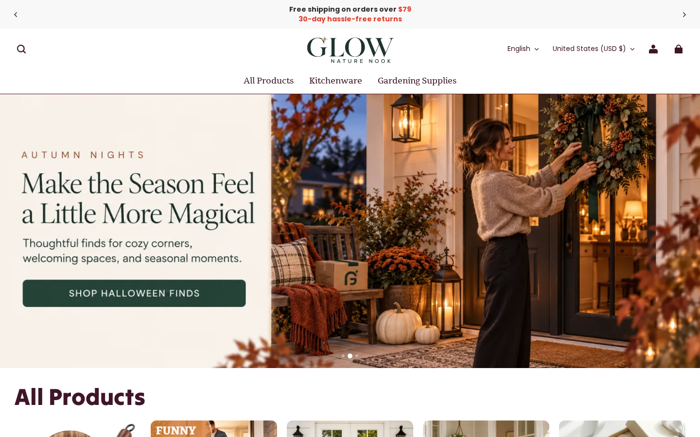 Glow Nature Nook Review: Shipping, Return Fees and Seller Details Checked 1 Glow Nature Nook homepage showing seasonal home decor and a 30-day hassle-free returns banner