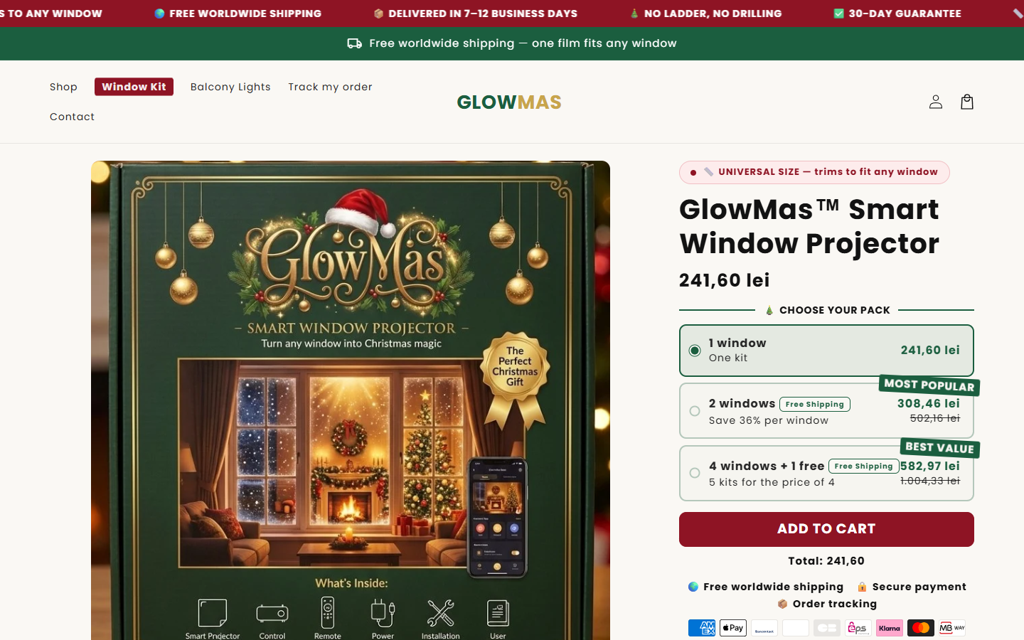 GlowMas Smart Window Projector product offer with one-, two-, and five-kit choices