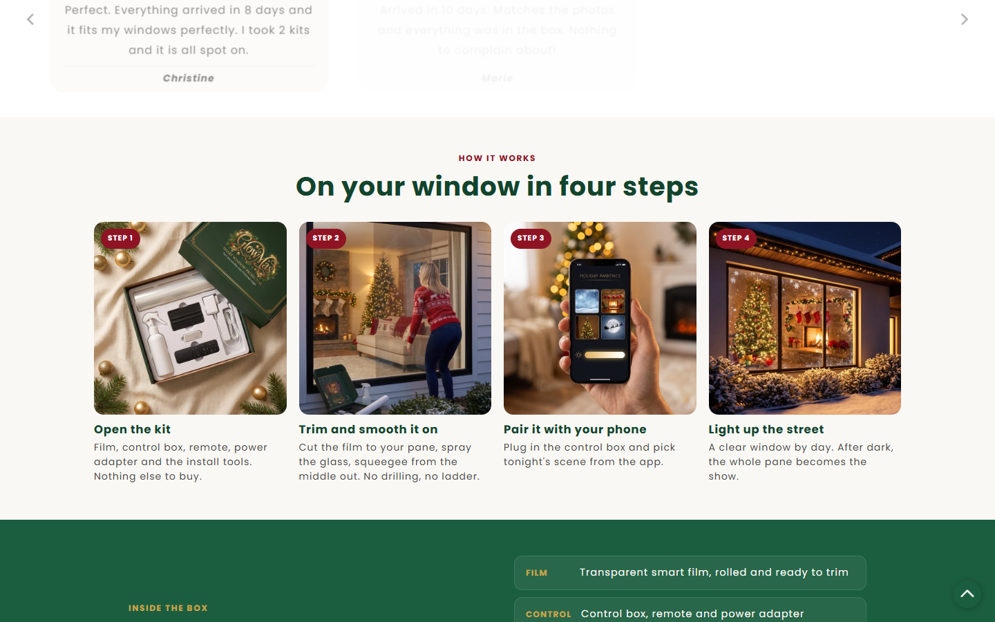 GlowMas sales page illustrating film installation, phone pairing, and illuminated window results