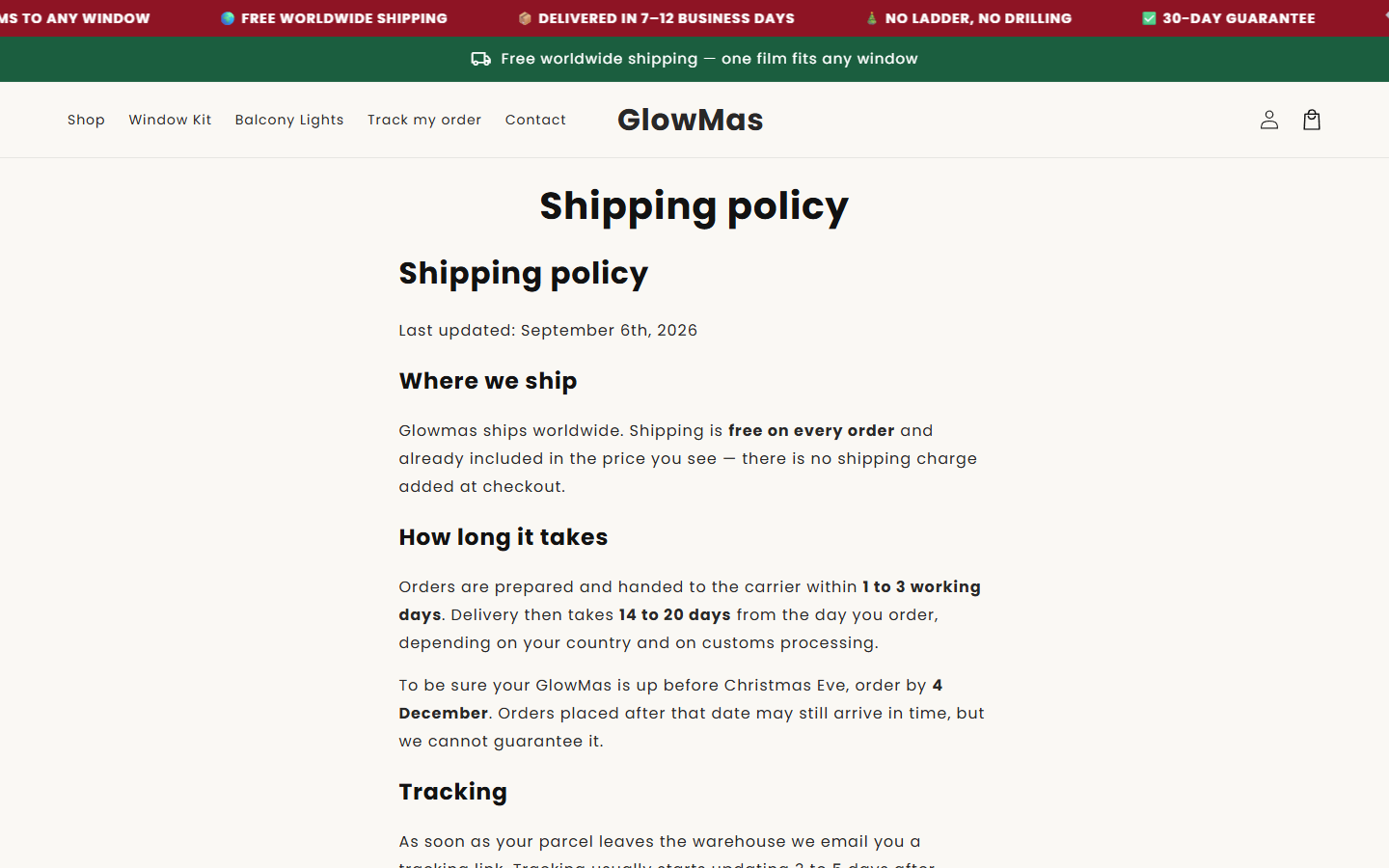 GlowMas shipping policy saying fourteen to twenty days despite a seven-to-twelve-day promotional banner