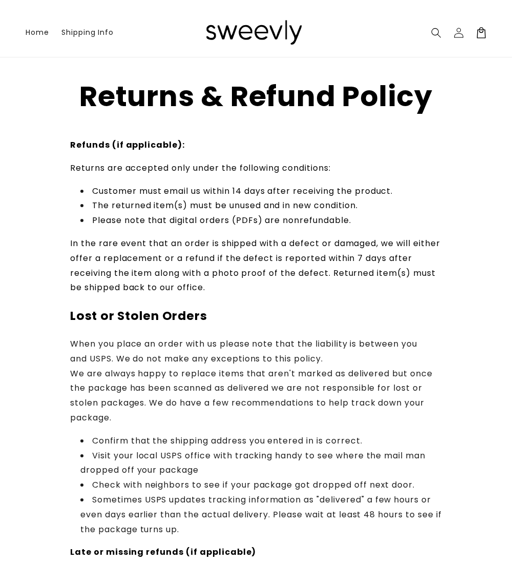 Sweevly return policy showing the 14-day unused return requirement and seven-day defect notice