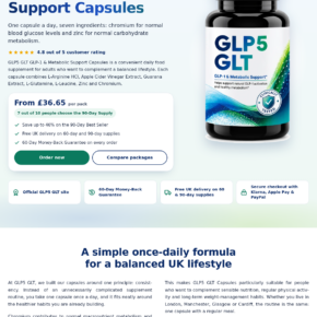 GLP5 GLT supplement page showing its ingredient positioning, package pricing and guarantee