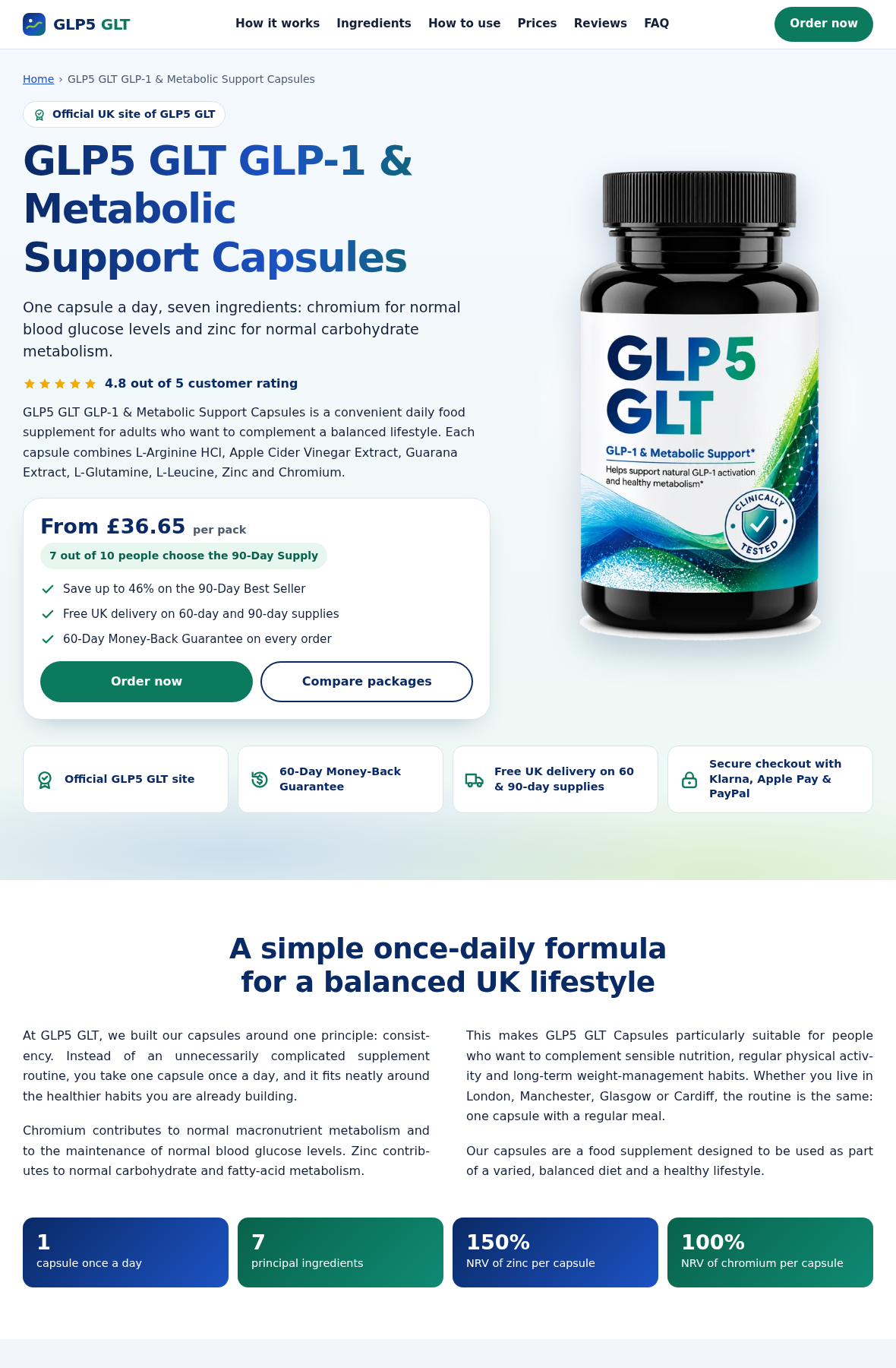 GLP5 GLT supplement page showing its ingredient positioning, package pricing and guarantee