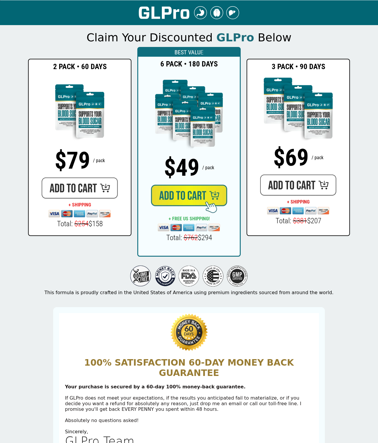 GLPatches Appetite Control EXPOSED: Medical Claims and a Refund Policy Trap 1 GLPro GLPatches offer displaying two, three and six-package prices and a 60-day money-back promise