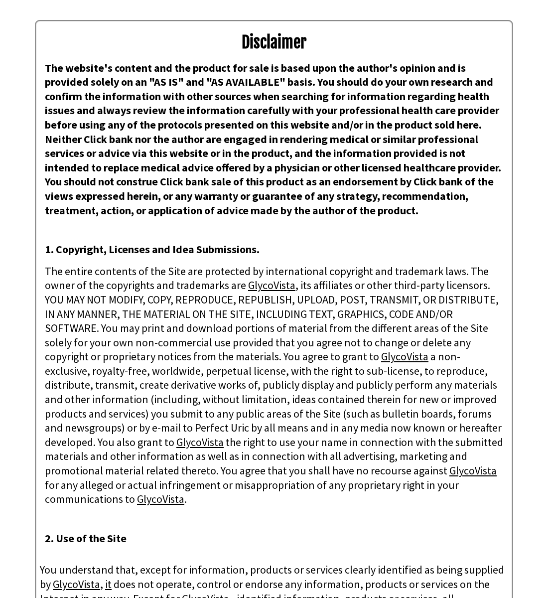GlycoVista website disclaimer containing generic legal language and a Perfect Uric product reference