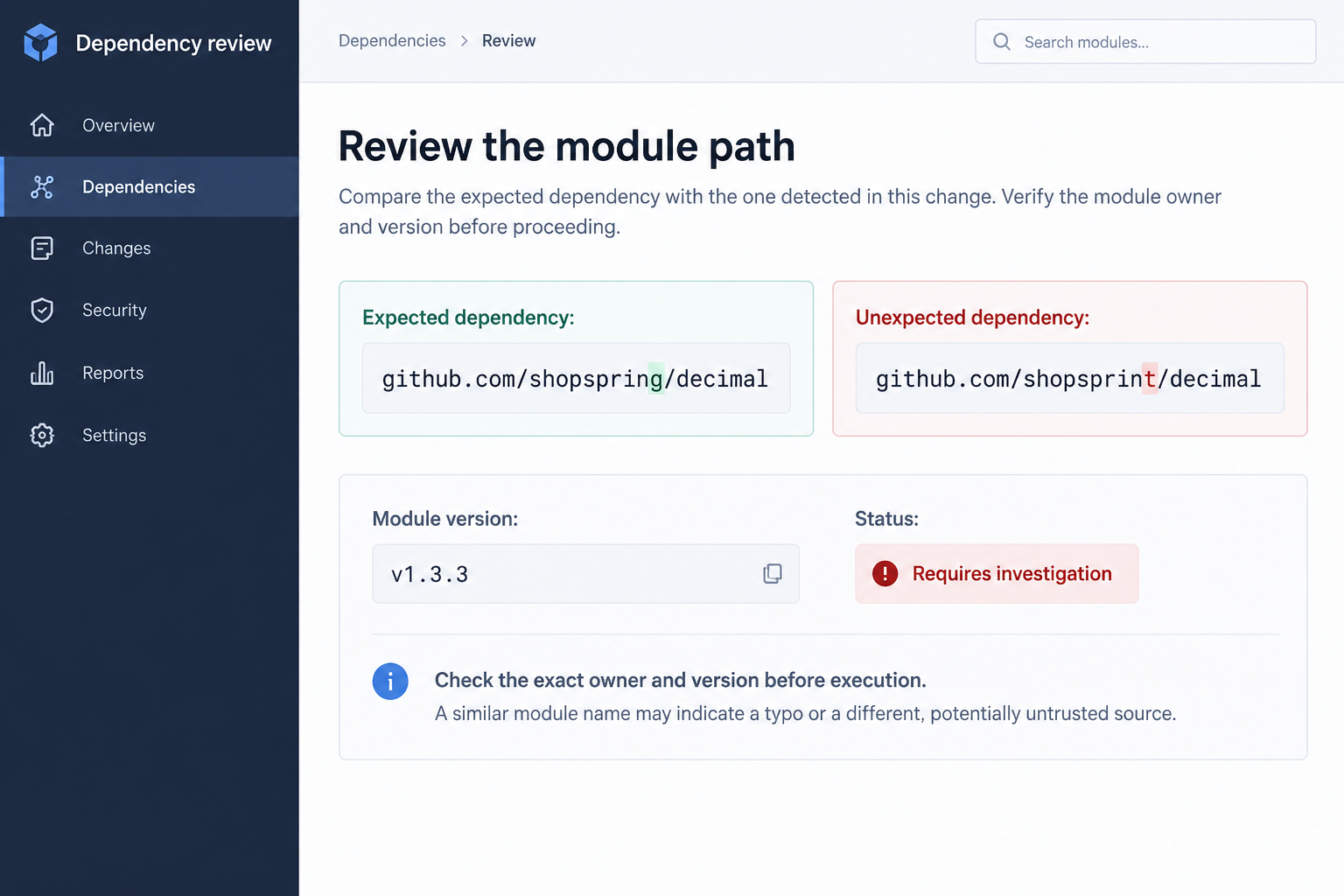Fake Go Decimal Package Scam: The One-Letter Swap That Hides a Backdoor 2 Fictional dependency review comparing shopspring with the shopsprint imitation