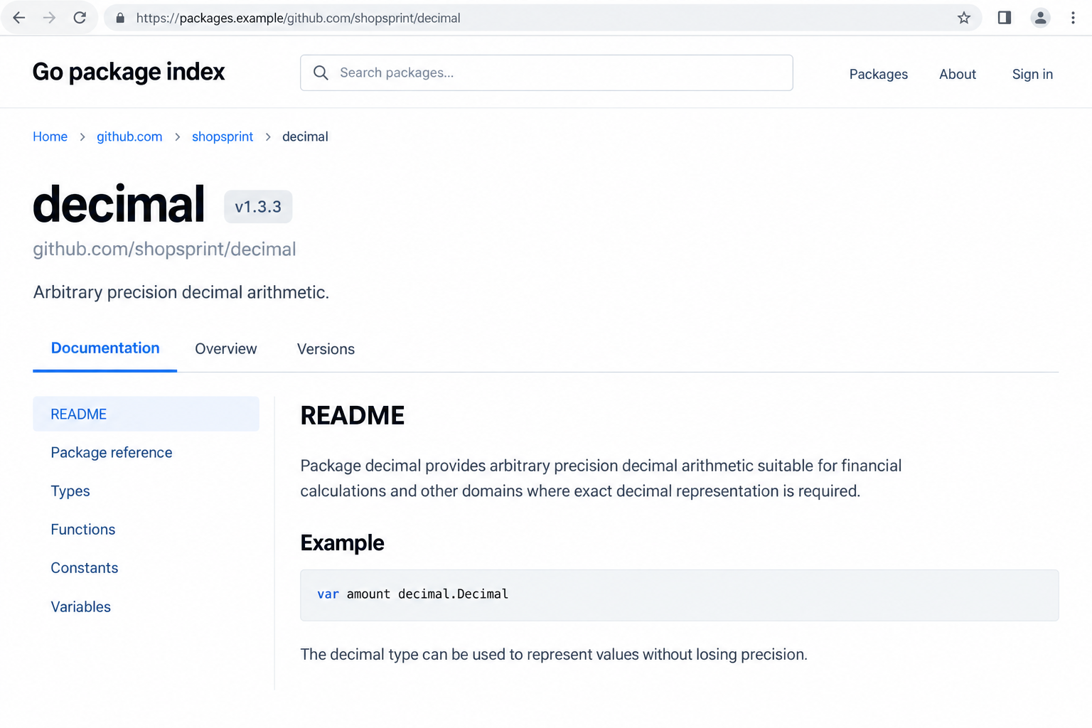 Fake Go Decimal Package Scam: The One-Letter Swap That Hides a Backdoor 1 Fictional package index showing the deceptive shopsprint decimal module name