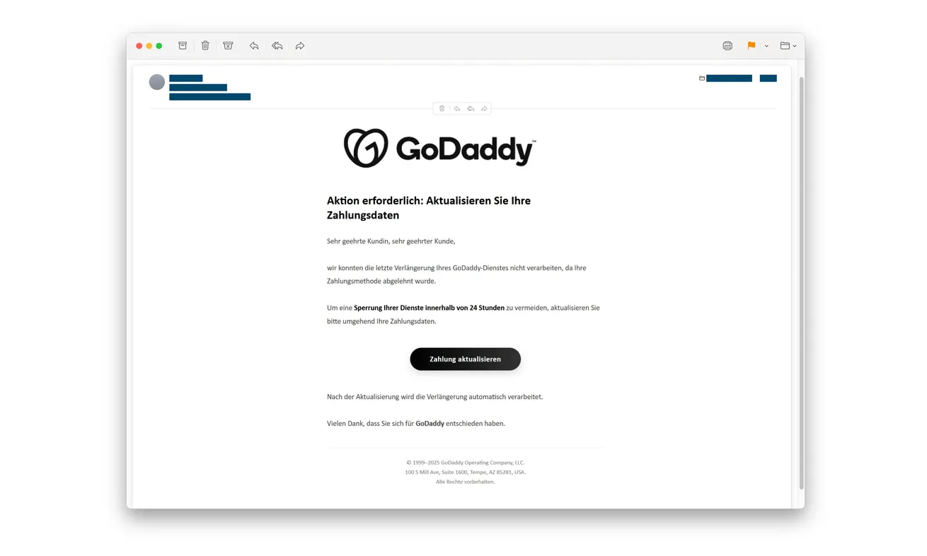 Fraudulent GoDaddy payment-update email threatening service suspension within 24 hours