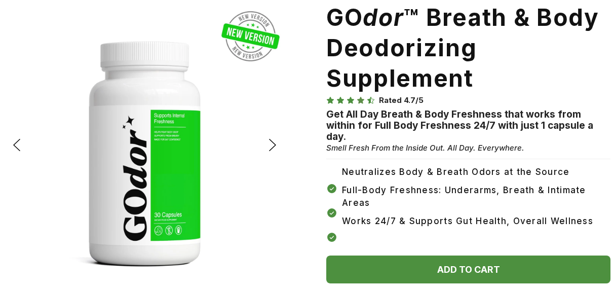 GOdor thirty-capsule bottle and sales page advertising breath, body and intimate freshness