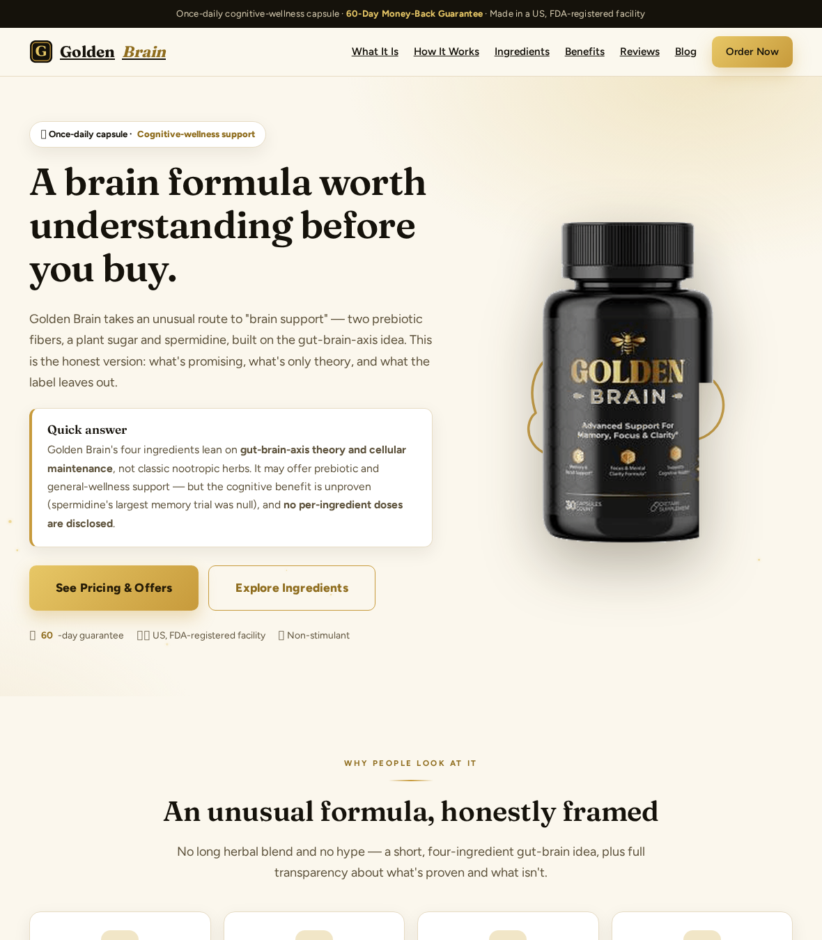 Golden Brain Reviews: Ingredients, Cure Ads and MemoHoney Checkout Switch 1 Golden Brain promotional information page displaying its capsule and ingredient claims