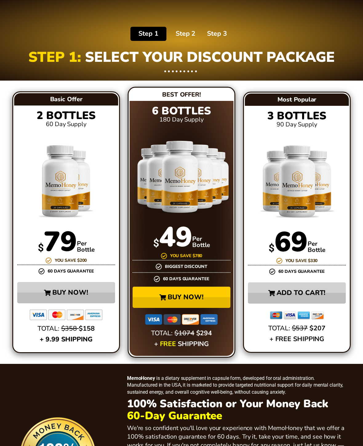 Golden Brain Reviews: Ingredients, Cure Ads and MemoHoney Checkout Switch 2 MemoHoney package-selection page reached from the inspected Golden Brain order link