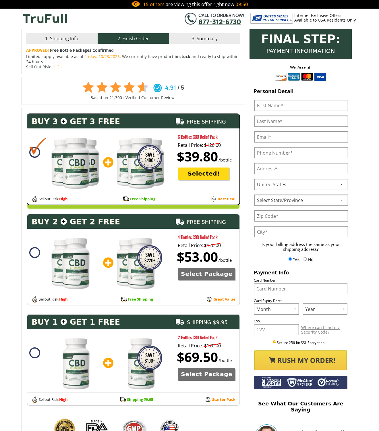 Golden Touch Fusion CBD Gummies: Scam or Legit? TruFull Offer Investigation 2 TruFull CBD checkout reached from Golden Touch showing a preselected six-bottle package and smaller bundles
