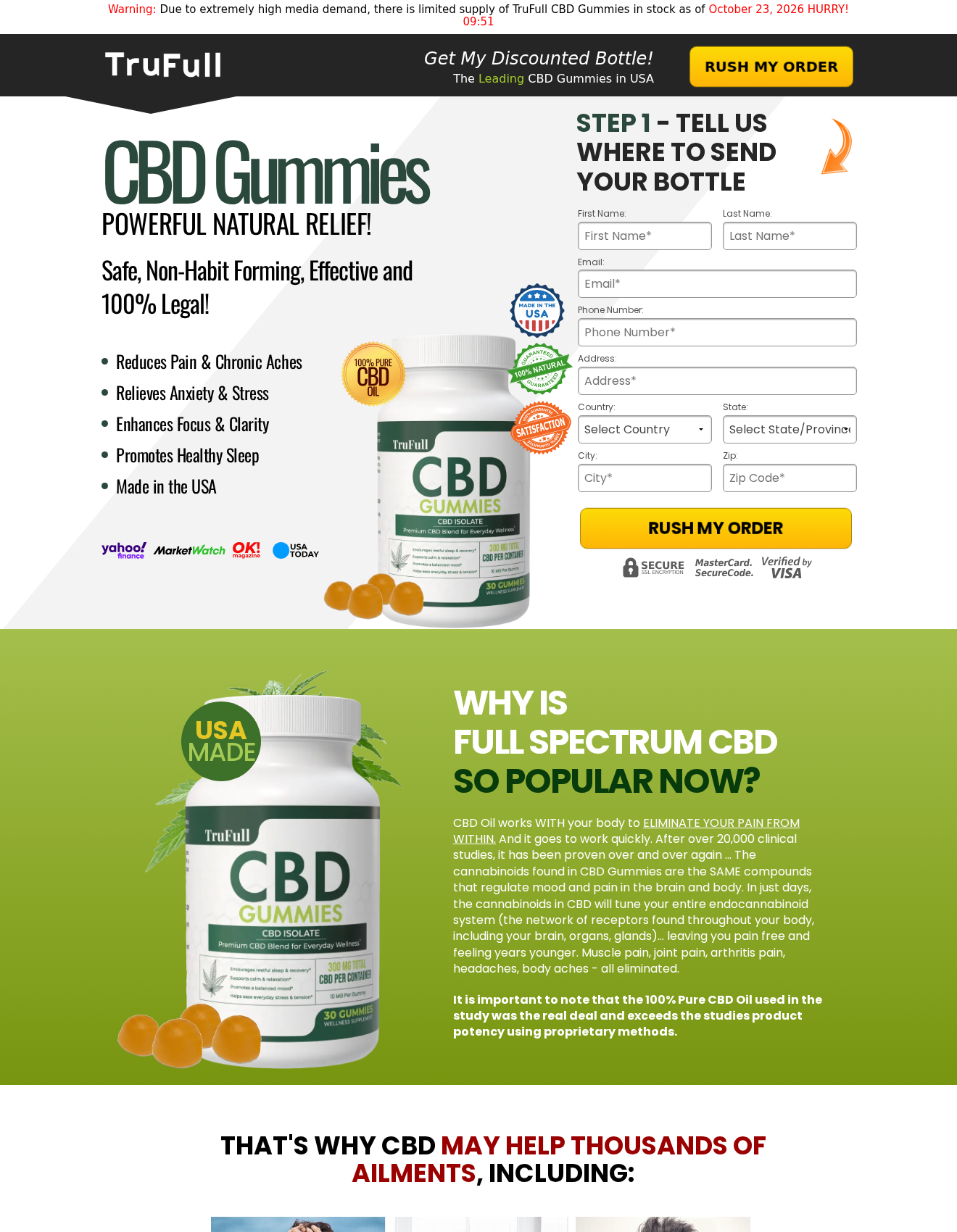 Golden Touch Fusion CBD Gummies: Scam or Legit? TruFull Offer Investigation 3 TruFull sales page displaying broad CBD health claims after the Golden Touch product switch