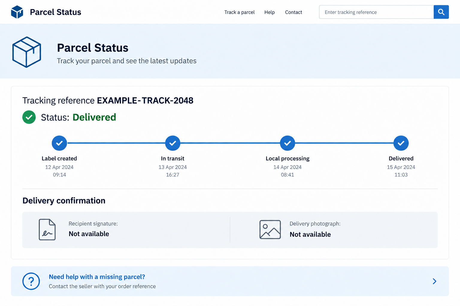 Illustrative fictional parcel-tracking screen demonstrating why a delivered status requires independent confirmation