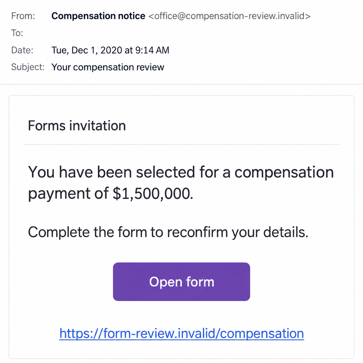 Google Forms Scam: Fake Compensation Claims That Steal Your Bank Details 1 Illustrative fictional historical form invitation promising a compensation payment of $1,500,000 and asking the reader to reconfirm details