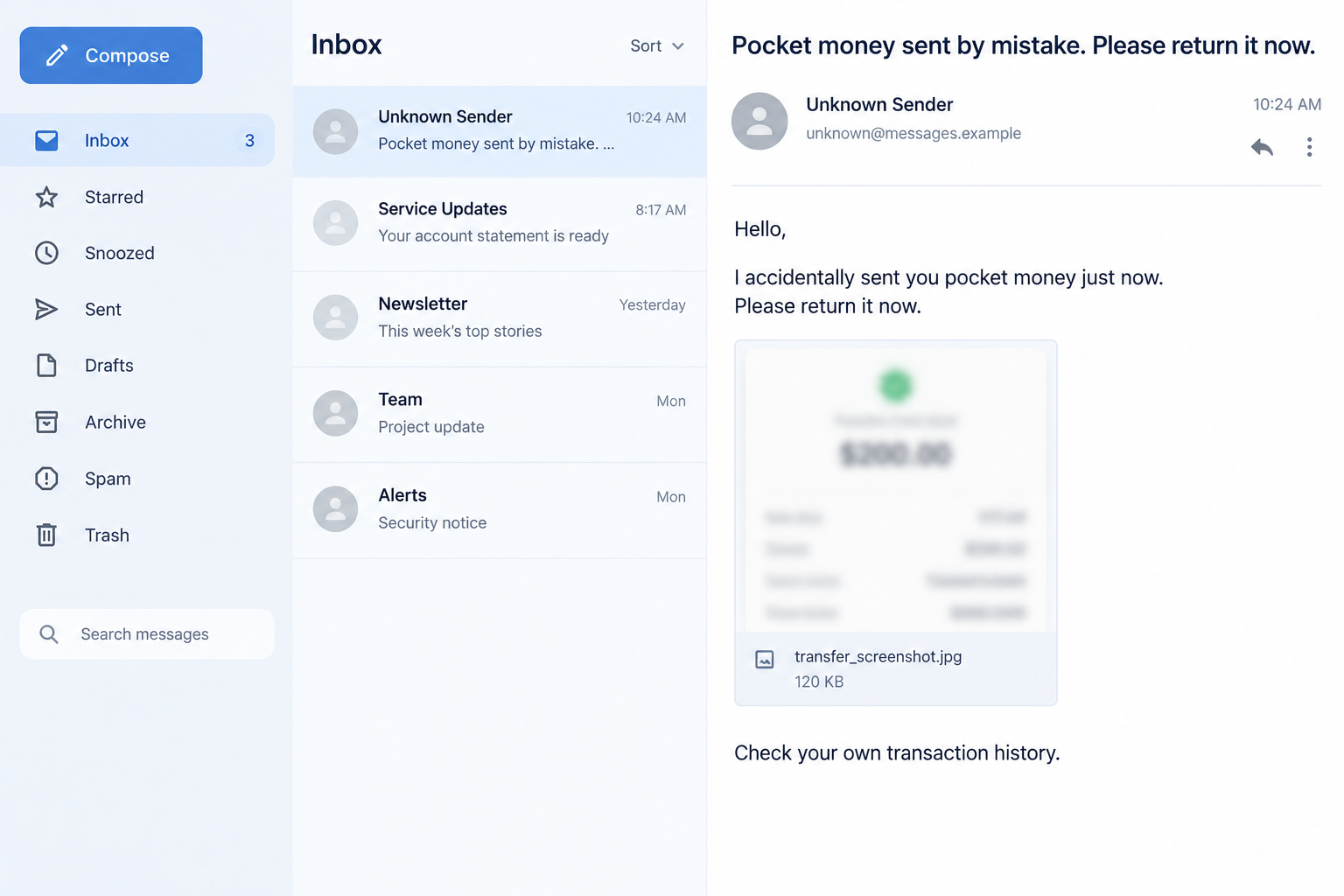 Google Pay Pocket Money Scam: Fake Refund Requests and UPI PIN Dangers 1 Fictional inbox screenshot of an alleged accidental Google Pay transfer supported only by a blurred receipt image