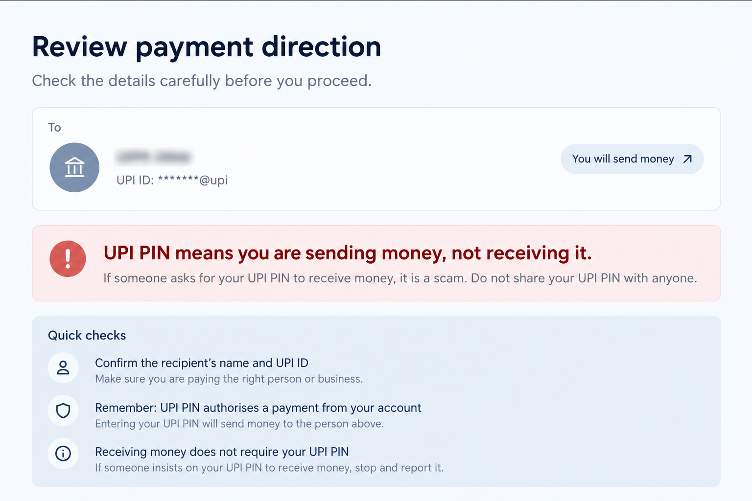 Google Pay Pocket Money Scam: Fake Refund Requests and UPI PIN Dangers 2 Fictional UPI payment-direction review screen warning that a UPI PIN authorizes sending money